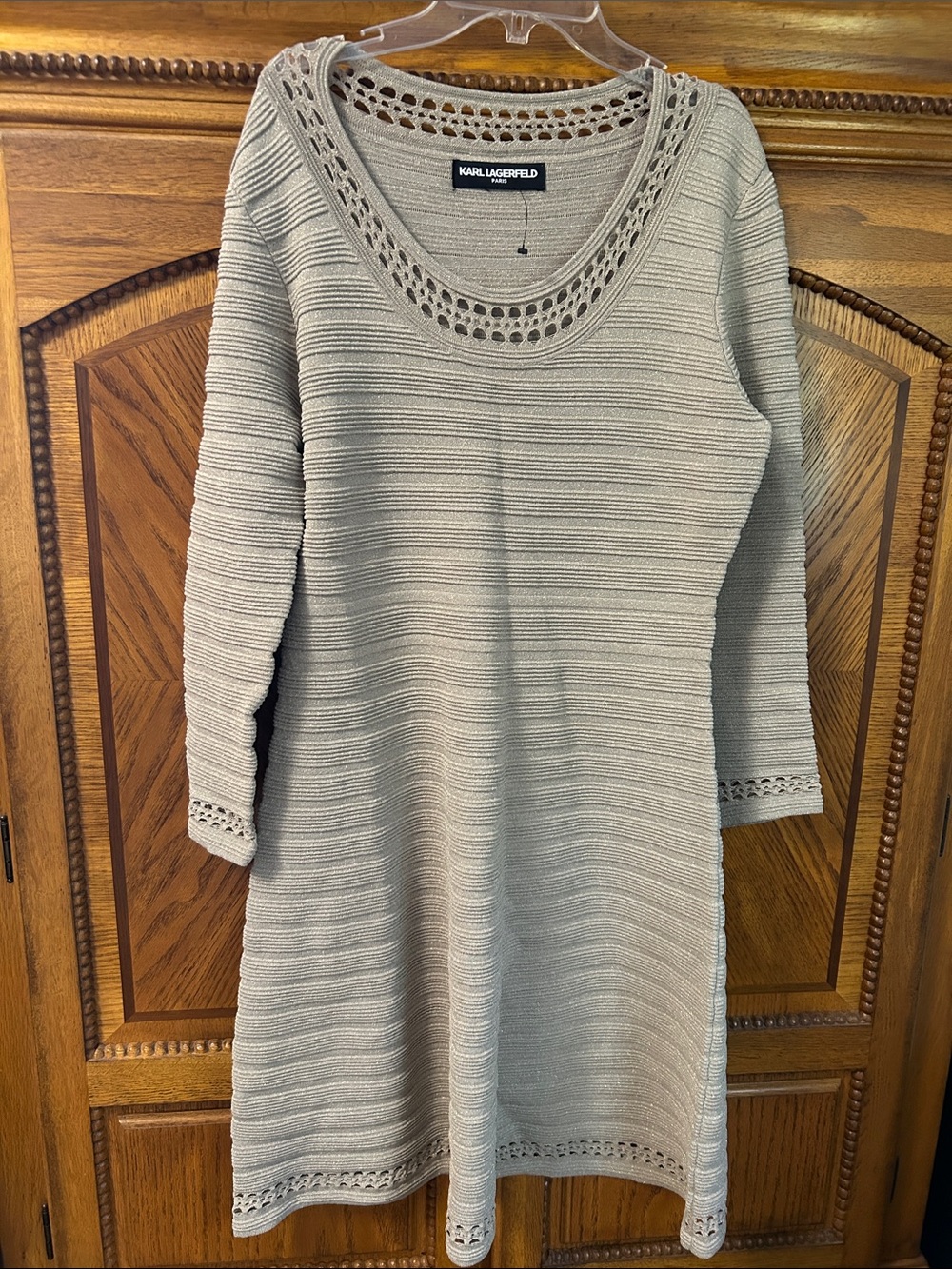 Karl Lagerfeld Taupe Long Sleeve Knit Dress with Crochet Detail. NWT Large